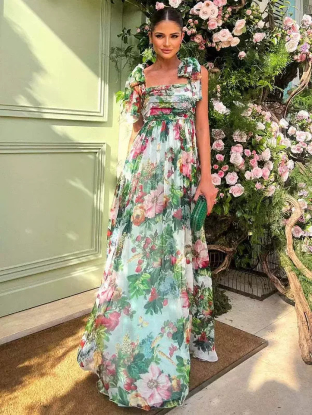 European Style Womens Summer Rose Print Pleated Bandeau Strap Flowy Maxi Dress